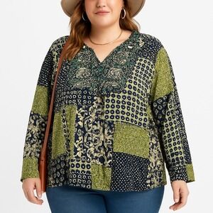 N‎ Touch Patchwork Boho Tunic Top XL Long Sleeve Green Blue Embellished Retro